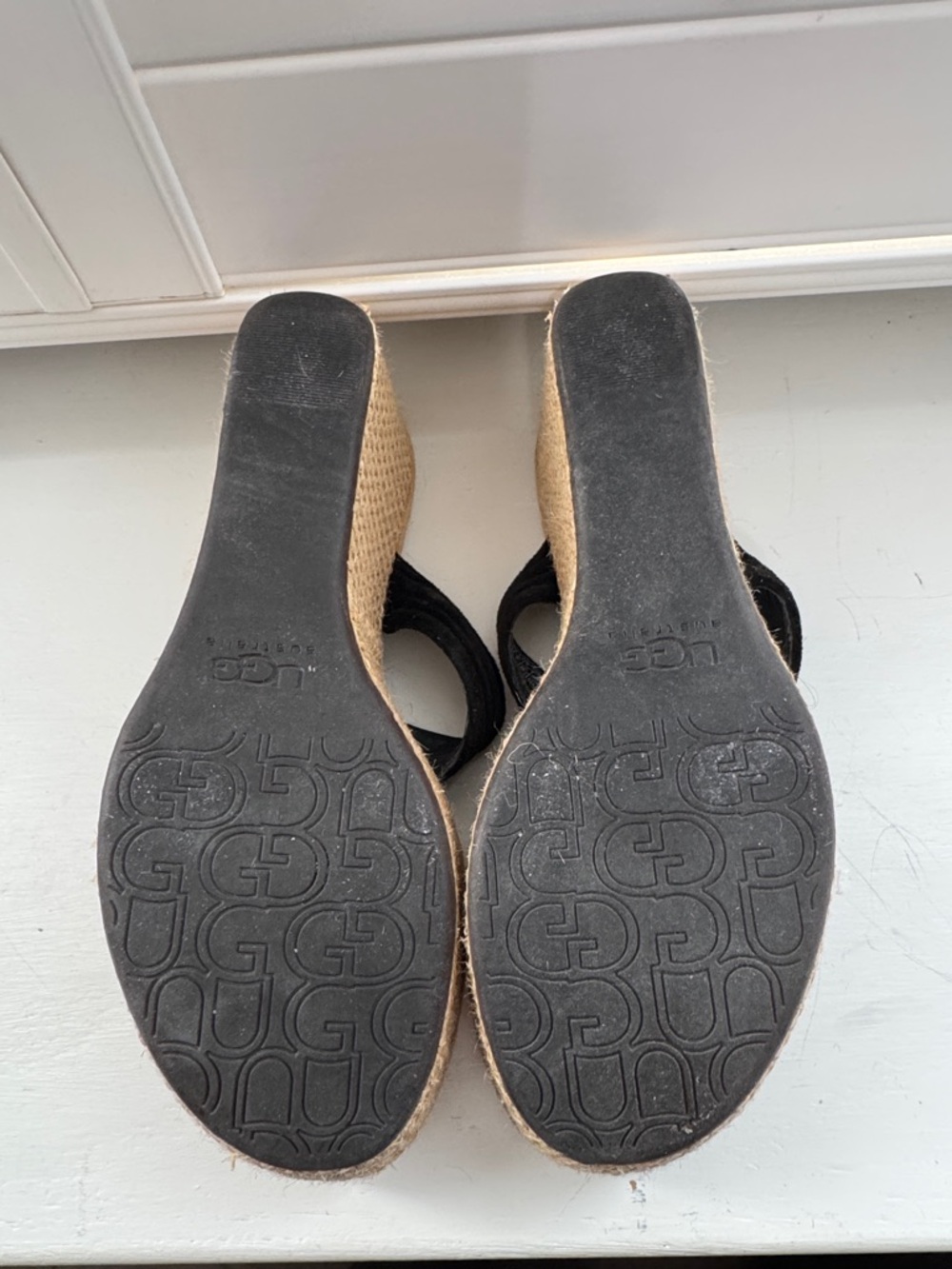 UGG Black Suede Wedge Thong Sandals with Tan Platform - Picture 4 of 6